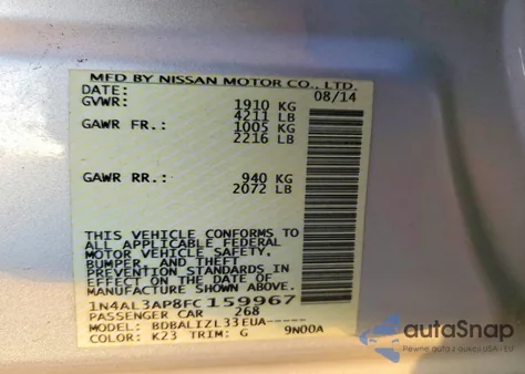 2015 Nissan Altima 2.5 z USA, uszkodzony, nr VIN 1N4AL3AP8FC159967